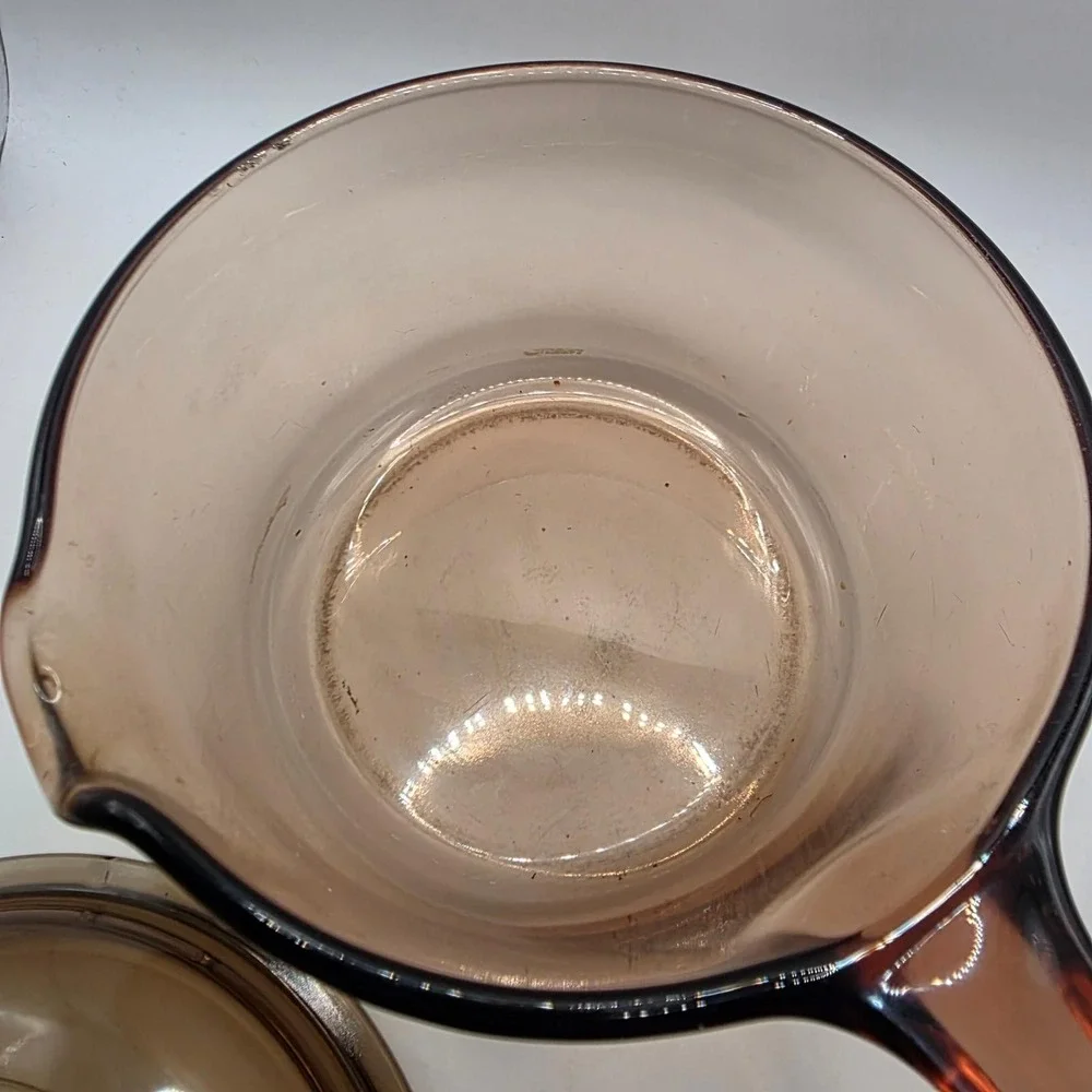 Vintage Pyrex Visions Amber Glass Saucepan with Lid and Pour Spout USA 0.5L 1L